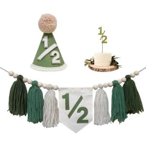Wild Half Birthday Decorations Sage Green 1/2 High Chair Banner with 1/2 Cone Hat for 6 Months Outfit Half Way to One Baby Boy Birthday Decorations