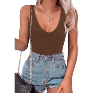 SAUNGKUAI Womens Bodysuit Sexy Plunge Deep V Neck Backless Sleeveless Tank Thong Body Suits Outfits for Going Out (Large, Brown)