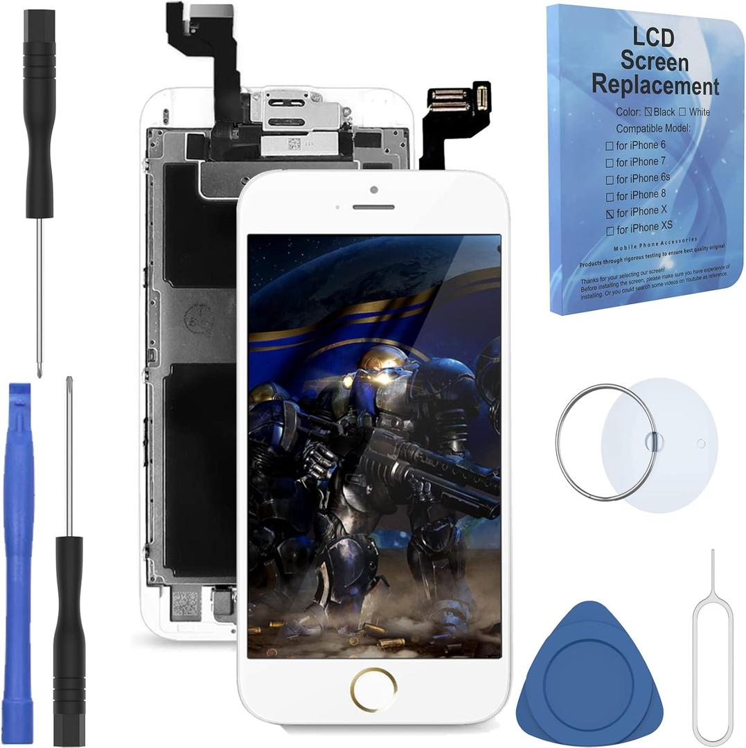 White LCD Screen Replacement for iPhone 6S Plus 5.5 Inch Full Complete Digitizer Display Assembly with Front Facing Camera Proximity Sensor Ear Speaker Home Button Repair Tools Kit