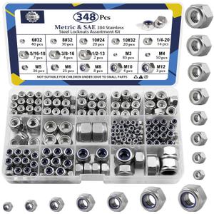 ZQZ 348 Pack SAE & Metric Nylon Insert Locknuts Kit,6#32 8#32 10#24 10#32 1/4-20 5/16-18 3/8-16 1/2-13 M3 M4 M5 M6 M8 M10 M12 304 Stainless Steel Standard Thread Nylock Nuts (Silver)