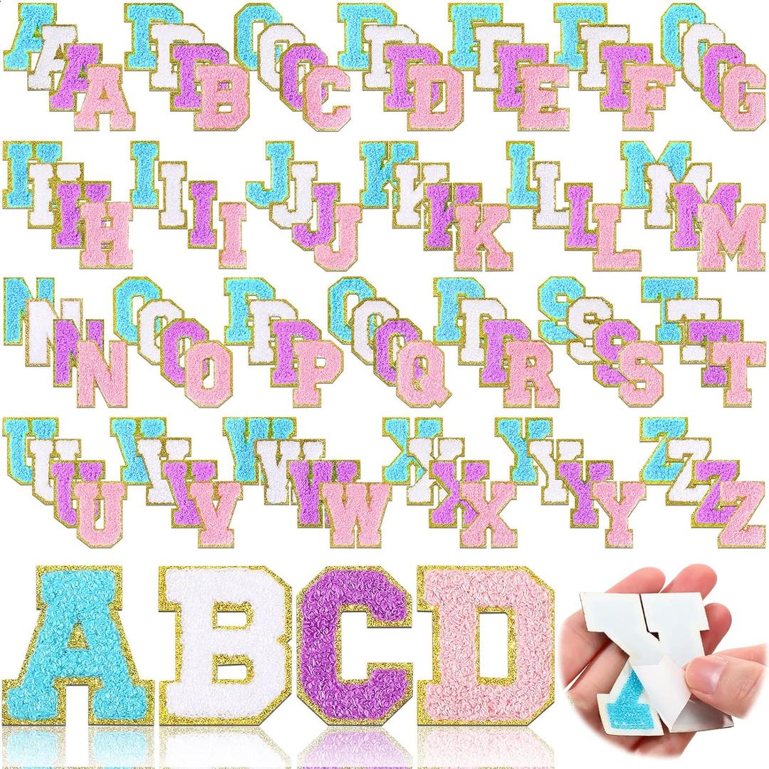 Jutom 104 Pcs Self Adhesive Chenille Iron on Letter Patches Letter Chenille Stick on Embroidered Patch for Clothing Jackets Backpacks Hats(Classic,White, Pink, Purple, Blue)