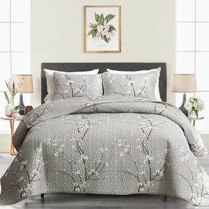 3 Piece Reversible Quilt Set Gray Branch with White Orange Floral King Size 102x88 Soft Microfiber Lightweight Coverlet Bedspread Summer Comforter Set Bed Cover for All Season (1 Quilt+ 2 Shams), Color: Gray Branch Floral