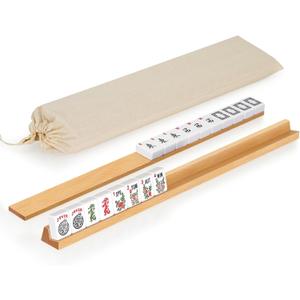 Beechwood Mahjong Racks with Pushers Set of 4, 17 Inches Classic Wooden Mahjong Tile Holder with Storage Bag, All-in-One Tile Rack for American Mahjong, Dominoes, Mexican Train