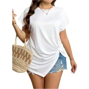 Women's Plus Size Tops Short Sleeve Twist T Shirt Crewneck Asymmetrical Casual Tee Shirts (White, XXXL)