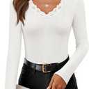 ZESICA Women's Long Sleeve Lace V Neck Fall Shirts Slim Fit Going Out Tops Ribbed Knit Dressy Business Casual Blouses (White, M)