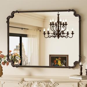 Baroque Antique Bronze Scroll Wall Mirror 40 x 30 Vintage Rectangle Framed Baroque French Rectangular Mirror for Mantle Fireplace Bathroom Living Room, Horizontal/Vertical