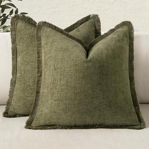 MIULEE Decorative Boho Farmhouse Throw Pillow Covers Pack of 2 Soft Cozy Couch Pillow Covers with Tassels Chenille Accent Pillowcases for Spring Sofa Bed Living Room Home Decor 20x20 Inch Olive Green