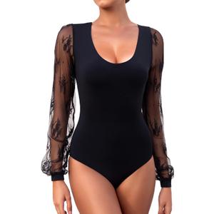 Long Sleeve Body Suits Womens Double Lined Round Neck Lace Bodysuit For Women (Large, Black)