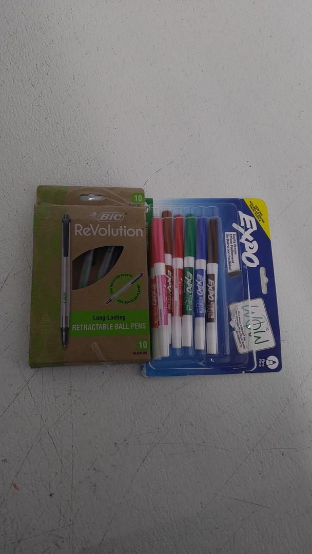 BIC Ecolutions Clic Stic Retractable Ballpoint Pens, Medium Point, Black Ink, 8/Pack (CSEM10-BLK), EXPO Low Odor Dry Erase Markers Fine Tip Assorted Colors 7 Count