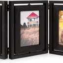 Emfogo 4x6 Picture Frame Rustic Wood Hinged Folding Triple Picture Frames Collage, DoubleSided Display Rotatable High Definition Glass Photo Frame for Home TableTop(Vintage Black)