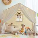 Kids Play Tent with Padded Mat, Kids Tents Large Princess Castle Pompoms Play House Indoor Playhouse Tent for Girl Bed Tents (Neutral)