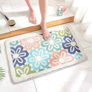 Floral Bath Rug, Cute Bathroom Rug Ultra Soft Microfiber Shower Rug Anti-Slip Bath Mat Water Absorption Area Rug Machine Washable Floor Mat, 19.6 x 31.5 Inches, White Flower (1'8" x 2'8" (Runner))
