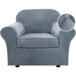 H.VERSAILTEX Rich Velvet Stretch 2 Piece Cover Chair Slipcover Sofa Cover Furniture Protector Couch Soft with Elastic Bottom Chair Couch Cover with Arms Width Up to 49 Inch(Chair, Stone Blue)