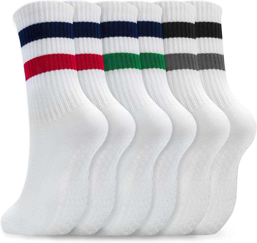 Pilates Socks for Women Non Slip, Cotton Crew Grippy Yoga Socks with Grips for Maternity Hospital Workout, 3 Pairs