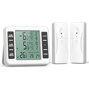 ORIA Refrigerator Thermometer, Wireless Digital Freezer Thermometer with 2 Sensors, Indoor Outdoor Thermometer, Audible Alarm, Min and Max Display, LCD Display for Home, Restaurants