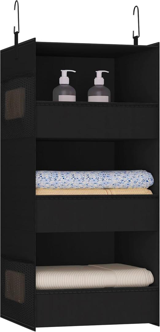 3-Shelf Hanging Closet Organizer and Storage, Foldable Hanging Closet Shelves Front Lip Design Washable Hanging Storage, Black