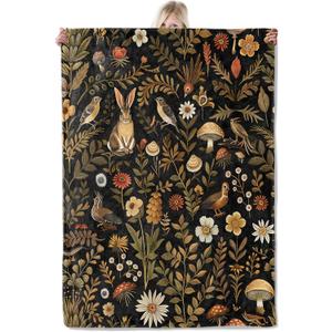 Forest Rabbit Blanket 5060 Inch,Autumn Nature Lightweight Flannel Throw with Woodland Bunny, Birds, Mushrooms and Wildflowers, Cozy Vintage Decor,Gifts for Women,Animal Lovers