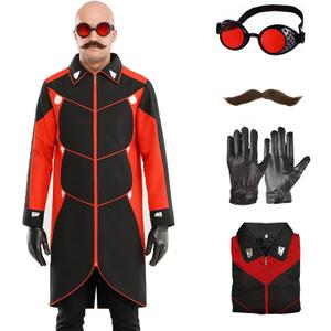 Adult Dr Villain Costume Cosplay Black Red Jacket Coat for Men Halloween Party Outfit with Jacket Gloves Glasses and Beard (Small, 4pcs)