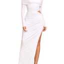EYNMIN Off Shoulder Long Sleeve Maxi Dress Ruched Bodycon Slit Elegant Formal Fall Wedding Guest Dresses for Women White (White, S)