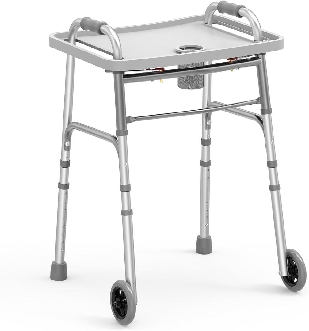 FSA/HSA Eligible Folding Walker with Tray, 5" Wheels Lightweight Walkers for Seniors and Adults, Supports Up to 350 Pounds, Adjustable Height, Compact Standard Walker, Silver