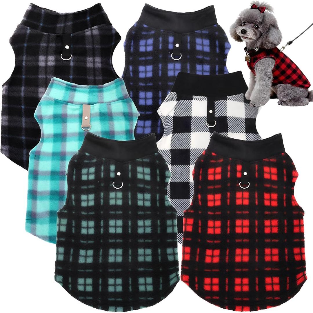 Goaste 6 Pack Fleece Dog Sweaters, Turtleneck Dogs Sweatshirt with Leash Ring, Soft Winter Dogs Clothes, Plaid Dog Outfits Vest for Cats, Assorted Colors (Large)