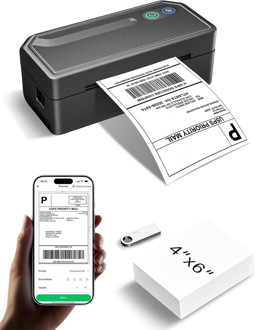 Shipping Label Printer 4x6 Bluetooth Thermal Label Printer for Small Business, Warehouse or Home Office, Compatible with Windows iOS Android Mac, USPS Amazon Etsy