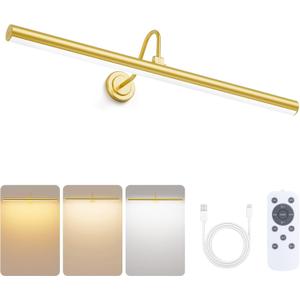 Bridika Picture Lights for Wall Battery Operated, 23.6in Picture Light with Remote, 3 Color Modes and Dimmable Classic Art Light for Paintings, Gallery, Dartboard, Bathroom with Timer (Gold, 1 Pack)