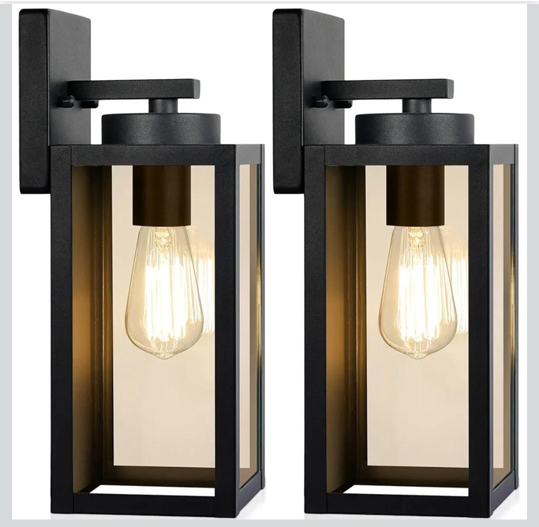 Outdoor Wall Light Fixtures, Exterior Waterproof Wall Lanterns, Porch Sconces Lighting with E26 Sockets & Glass Shades, Modern Matte Black Outside Lights for Patio Front Door Entryway Garage, 2-Pack (12.8 inches)