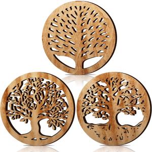 3 Pcs Life Tree Wooden Trivets for Hot Dishes 8" Rustic Round Tree Trivet Set Hot Plate Holders Heat Resistant Farmhouse Trivet for Kitchen Dining Table(Light Wood Color)