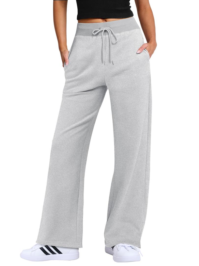 ANRABESS Women's Wide Leg Pants High Waist Drawstring Sweatpants Joggers with Pockets Light Grey X-Large