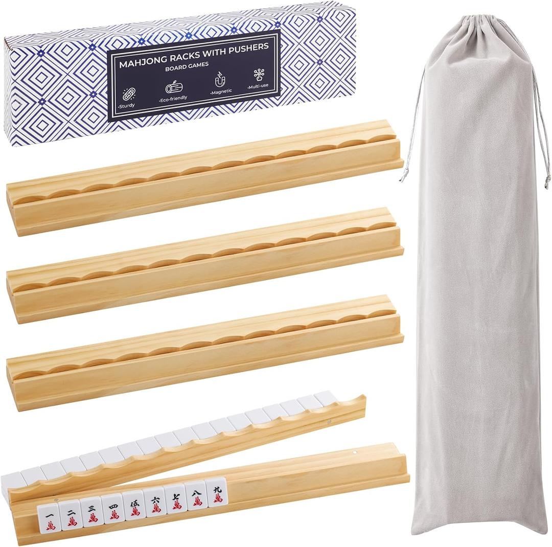 4PCS Wooden Scalloped Mahjong Racks with Magnetic Pushers, Natural Wood American Mahjong Tile Rack Set of 4, Modern Table Game Accessories for Mahjong Tiles（Natural,20, 20 in