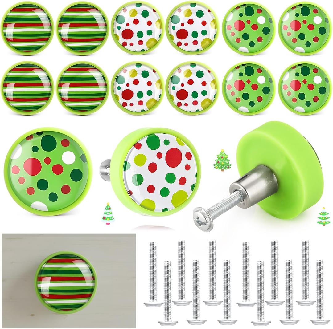 Fumete 12 Pieces Christmas Green Cabinet Knobs Covers Cute Green and Red Drawer Knobs Table Dressing Cupboard Wardrobe Closet with Screws for Holiday Winter Christmas Decor, 1.1 Inches/ 28 mm
