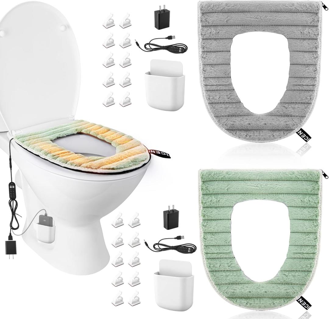 Enhon Heated Toilet Seat Cover, USB Powered Toilet Seat Warmer with Charger, 5 Speed Adjustable Temperature and Timing Function, Comes with Adhesive Shelf & Cable Clips(2 Pack,Gray + Green)