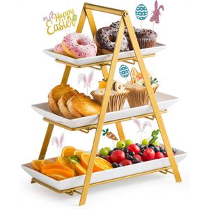 YHOSSEUN 3 Tier Serving Tray, Porcelain Tiered Tray Stand, 10+12+14 Inch Serving Platters and Trays with Collapsible Sturdier Rack, 3 Tiered Serving Stand Dessert Stands Treat Table Display Set, Gold