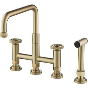 KRAUS Urbix Industrial Bridge Kitchen Faucet with Side Sprayer in Brushed Gold, KPF-3125BG
