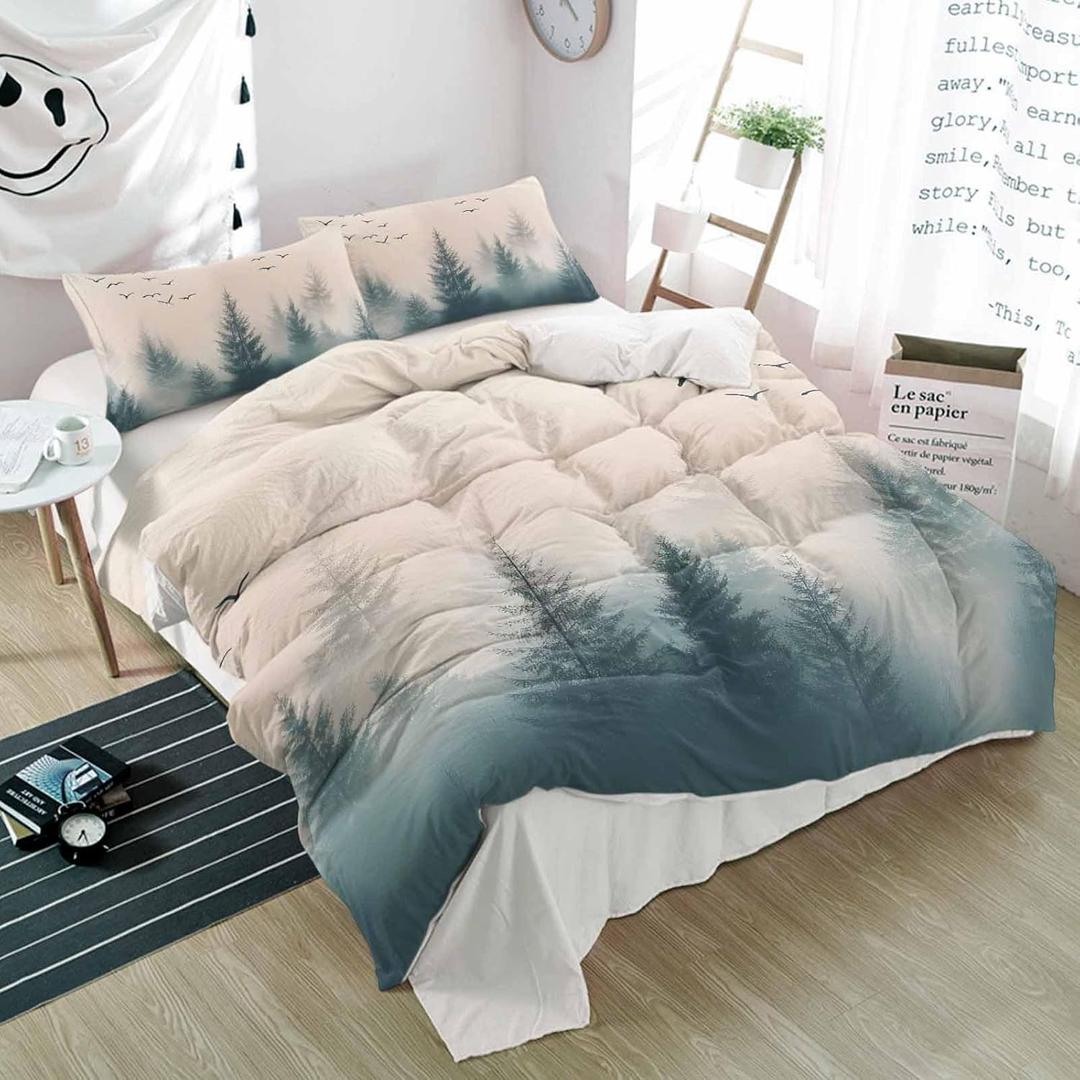 3 Pieces Queen Bedding Duvet Covers Set Summer Foggy Forest Flying Bird Soft Quilt Cover and Pillow Shams, Lightweight Comforter Cover Sets with Zipper Closure for Bedroom Decor Retro Watercolor Tree