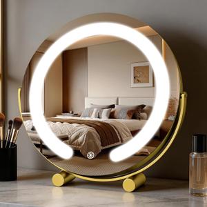 Vanity Mirror with Lights, 12" LED Makeup Mirror, HD Professional Mirror, Smart Touch with 3-Color Lighting, Dimmable, 360 Rotation, Lighted Up for Makeup Desk, Bedroom (Gold)