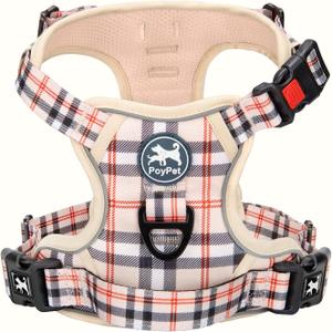 PoyPet Plaid Dog Harness, No Pull Front Clip Pet Vest Harness, Soft Padded Reflective Adjustable Walking Harness with Handle for Medium Dogs(Checkered Beige,M)