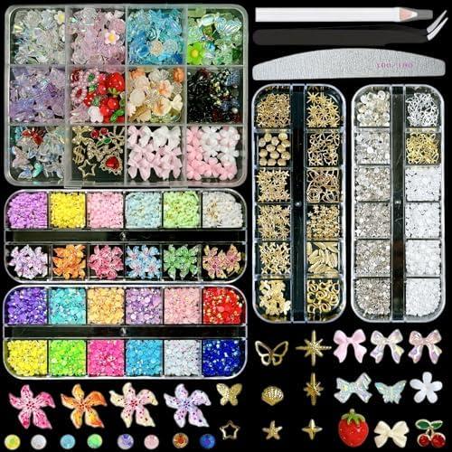 3D Nail Charms for Nail Art Kit, Mix Nail Flowers Bow Gold Nail Charms and Gems, Flatback Pearls Charms Gems AB Rhinestones for Nails Art Tools, Silver Butterfly Charms Nail Decor DIY Accessories
