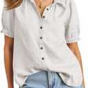 Cicy Bell Womens Puff Short Sleeve Button Down Shirts Summer Casual Collared V Neck Blouse Linen Loose Fit Work Tops (White, L)