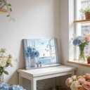 Coastal Flower Bathroom Canvas Wall Art Blue Hydrangea Floral Vase Butterfly Window Wall Decor Picture Seascape Beach Aesthetic Poster Print for Living Room Bedroom Bathroom Home Decoration 12x16in