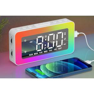 Alarm Clocks for Bedrooms, Mirror Clock with 8 RGB Atmosphere Light, Dual Alarms, 3 Alarm Modes, Snooze, Sleep Aid, Timer, USB Charger, Bedside Digital Alarm Clock for Kids, Adults, Heavy Sleepers