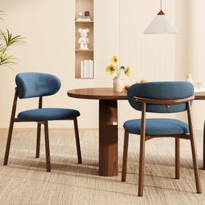 Kitchen Dining Chairs Set of 2 Modern Soft Linen Farmhouse Dining Room Chair with Metal Legs, Blue/Walnut
