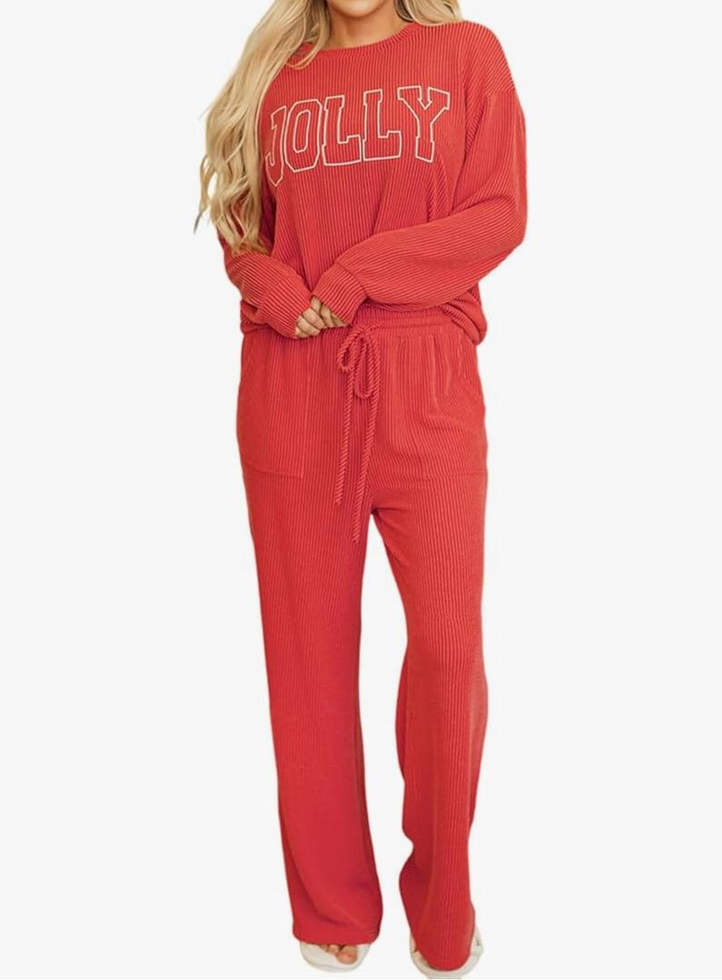 Opemiby Women Pajamas Set Loungewear Ribbed Long Sleeve Top and Pants with Pockets Lounge Pj Set Sleepwear Size Large