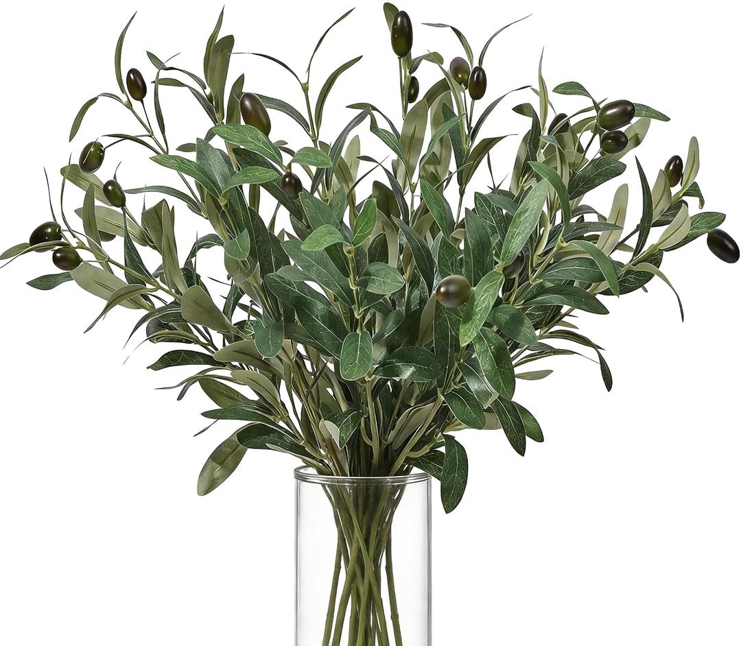 10 PCS 18 Inch Faux Olive Branches for Vases - Realistic Faux Olive Tree Stems with Lifelike Leaves & Fruits, Eucalyptus Stems,Faux Greenery Stems for Centerpieces,Home Decor&Wedding Decor