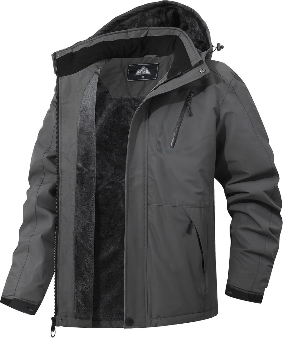 Men's Mountain Winter Coat Warm Fleece Ski Snow Jacket Waterproof Raincoat with Hood (Gray, M)