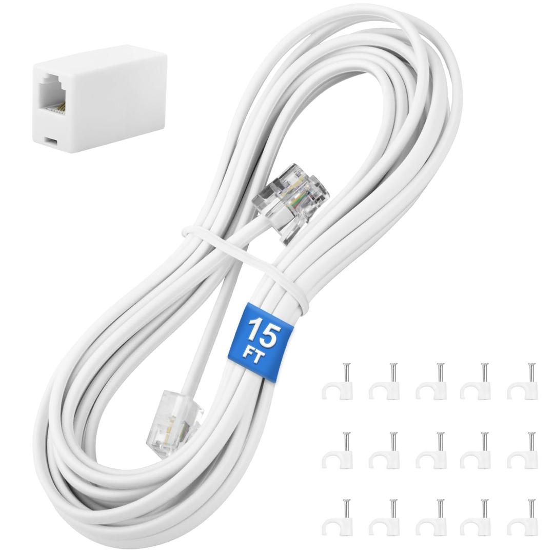 Uvital Phone Extension Cord 15 FT, Telephone Extension Line Cable with RJ11 Plug and 1 in-line Coupler and 15pcs Nail-in Cable Clip Holders, White