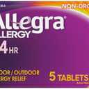 Allegra Adult 24-Hour Allergy Relief Tablets, Non-Drowsy Indoor and Outdoor Allergy Medicine, 180 mg Fexofenadine HCI Antihistamine Pill, 5-Count 2 Pack, Best By: 05/2026