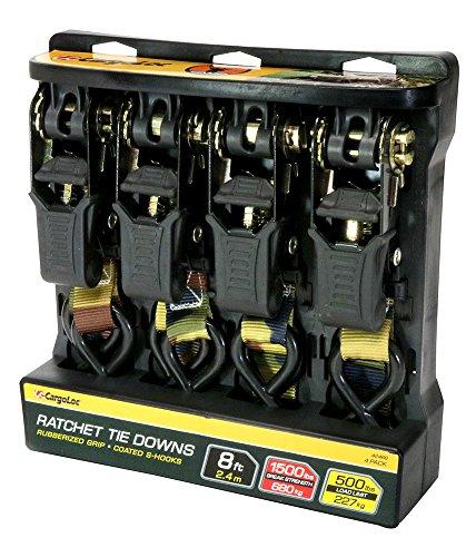 Cargoloc Premium Ratchet Tie Downs - 4 Pk - 8 Ft - 500 Lbs Load Cap - 1,500 Lbs Break Strength - Cargo Straps for Moving Appliances, Lawn Equipment, Motorcycles, etc. - CAMO