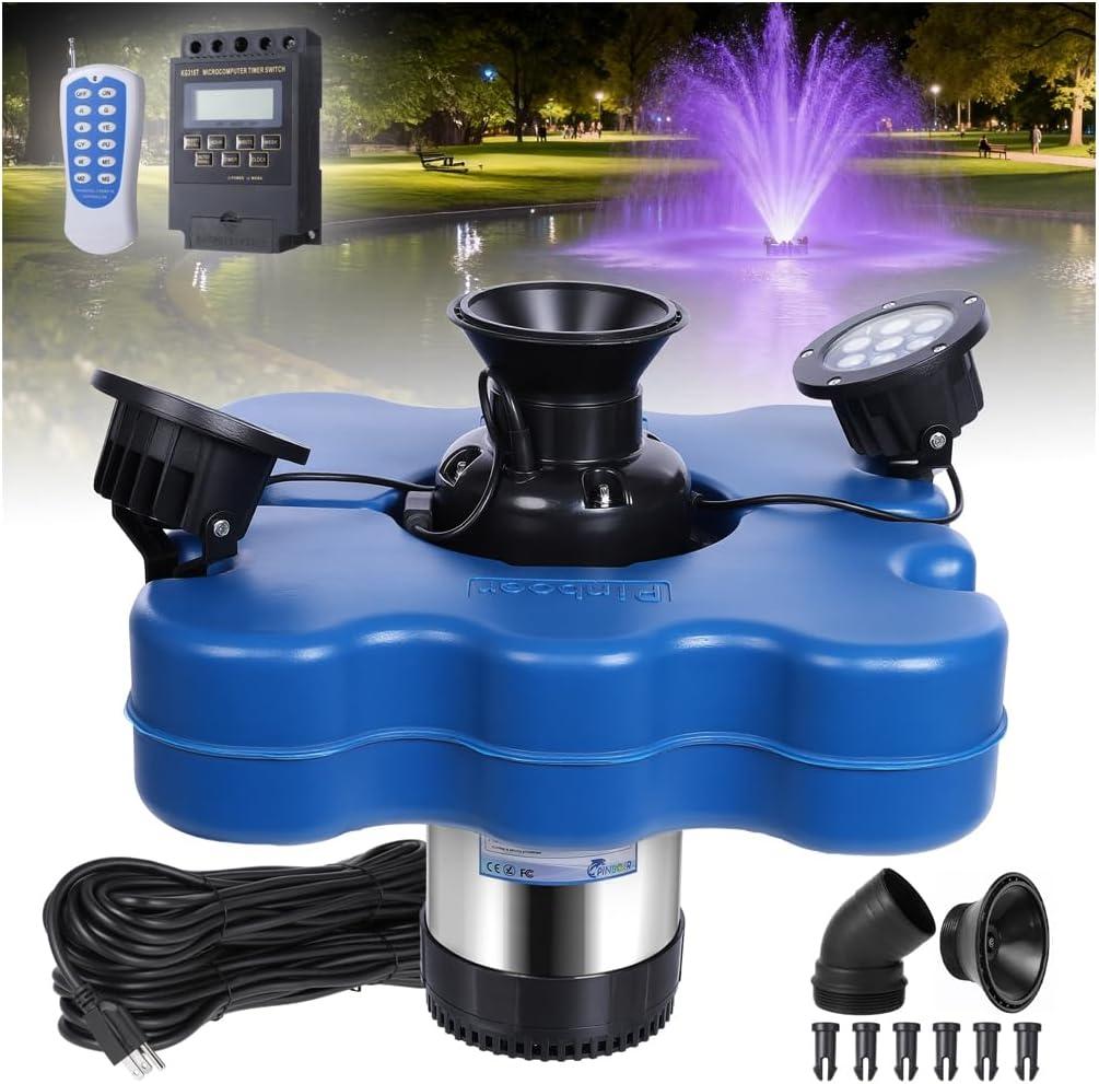 Pond Fountain Aerator with Led Lights RGB-15000 GPH,110V 1HP 750W Floating Fountain Aeration for Large Ponds,Aerating Fountain Pump for Outdoor Ponds & Lakes with 15A/100FT Power Cord